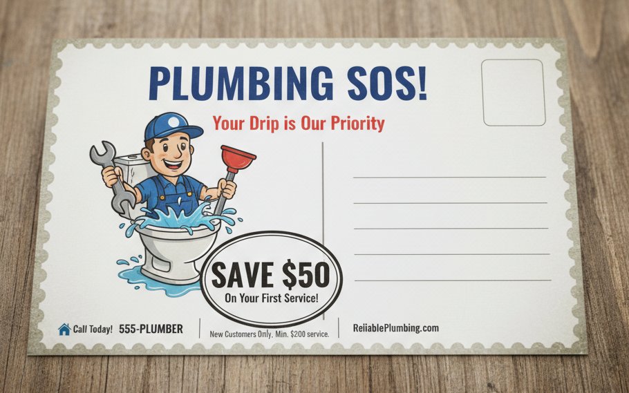 AI plumber postcard mailer image