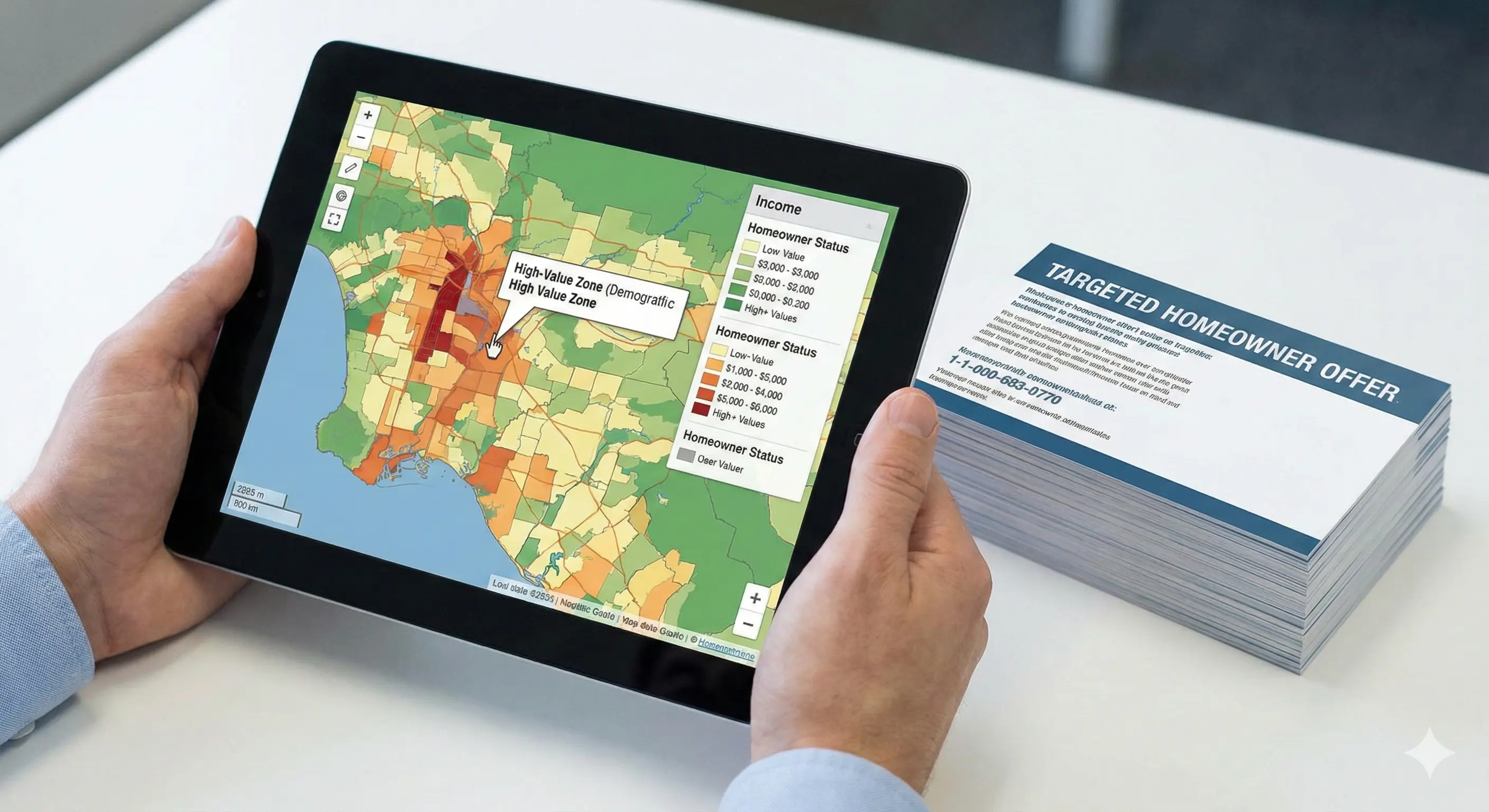 man holding ipad using data and targeting when Mass Mailing postcards