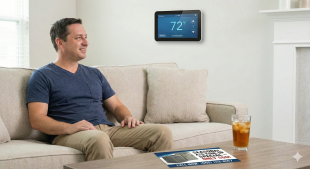 homeowner enjoying HVAC services postcard on table