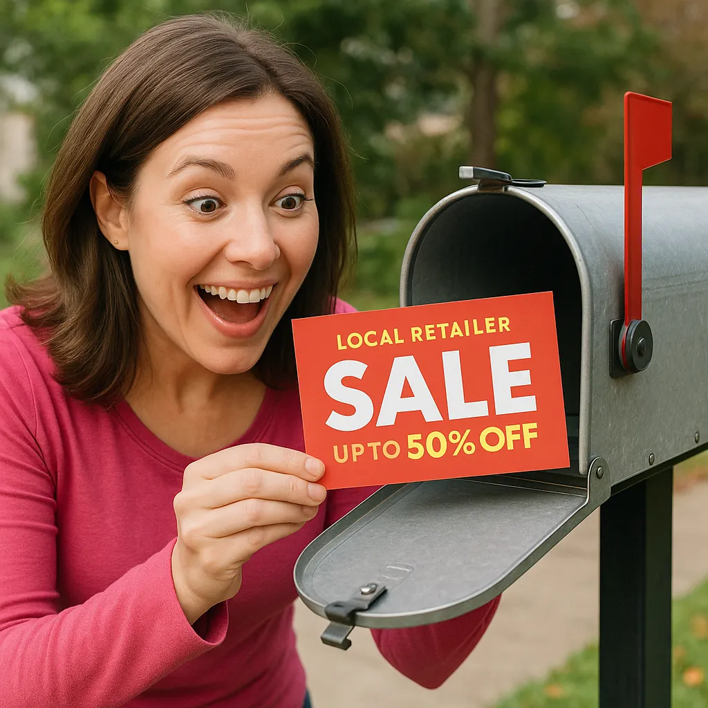 woman gets bulk postcard opening mailbox sale
