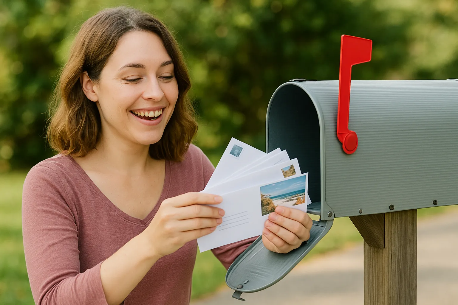 woman opening direct mail advertising in her mailbox